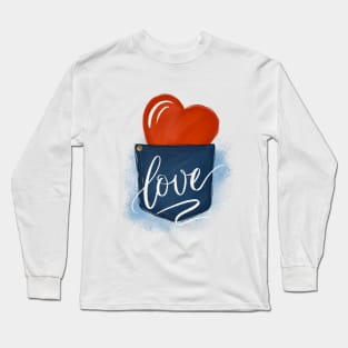 Jeans pocket wth red heart, word Love Long Sleeve T-Shirt